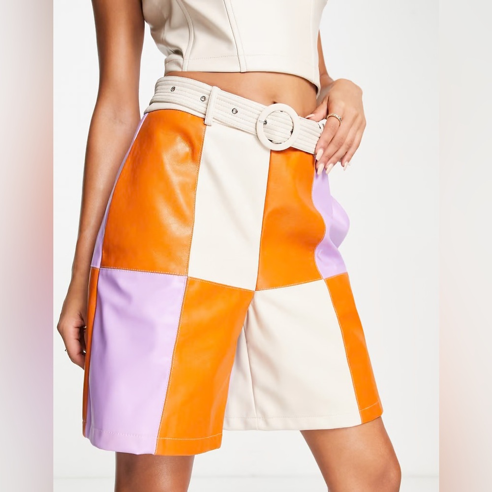 Women's Shorts - Amylynn by Lala Checkered Faux Leather Mid-Thigh W/ Belt Size S
